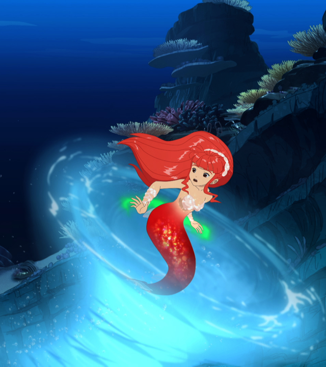 Rikki wird unter Wasser in einen magischen Wasserstrudel gezogen. Der Strudel leuchtet strahlend hellblau.