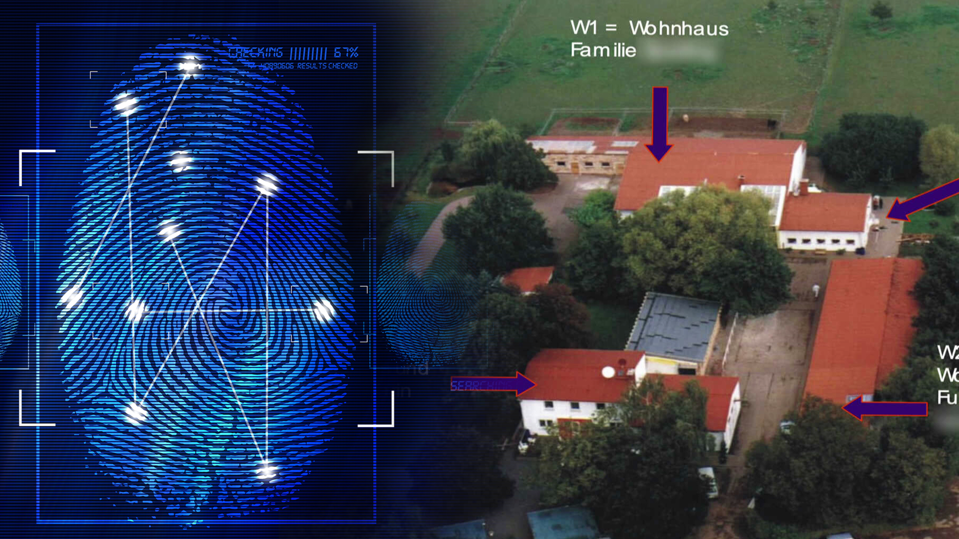 Luftbild des Tatorts. Links daneben: Lichtschematische Darstellung eines Fingerabdrucks.