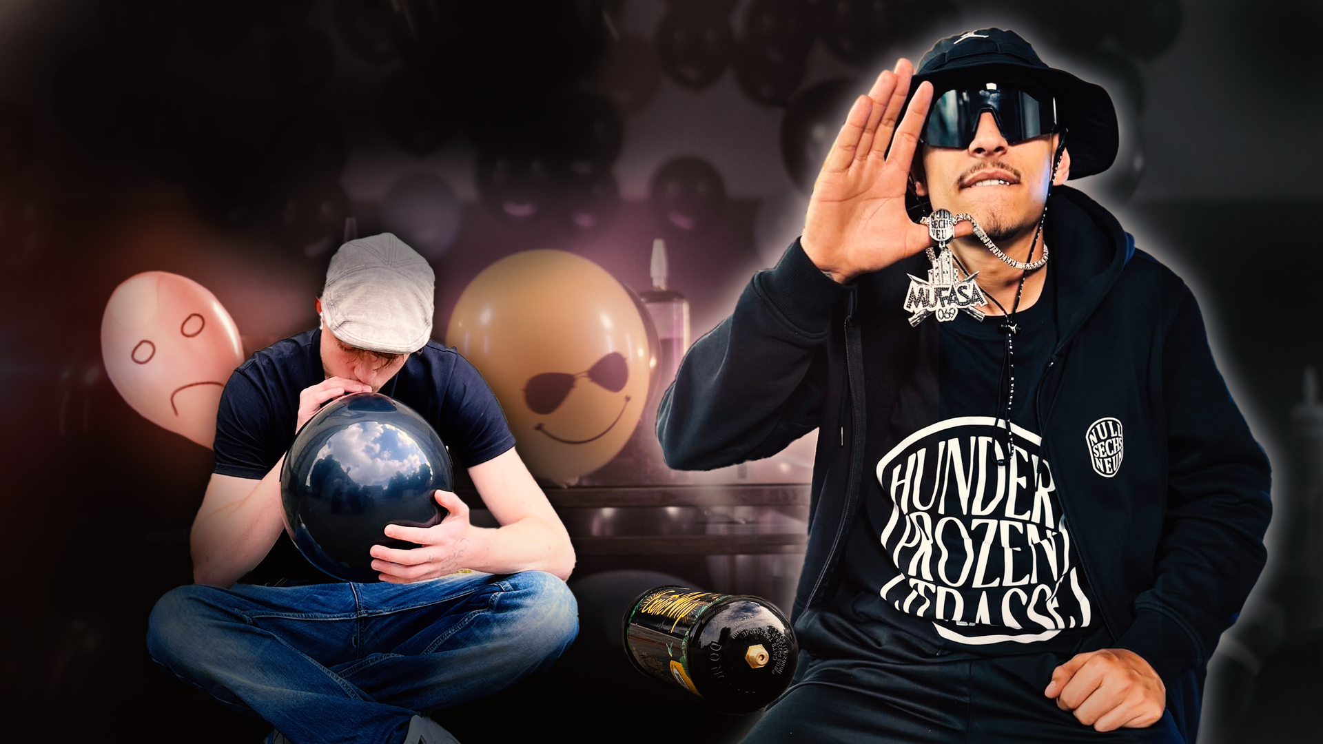 Montage: Links saugt ein junger Mann an einem Luftballon, rechts der Rapper Mufasa069