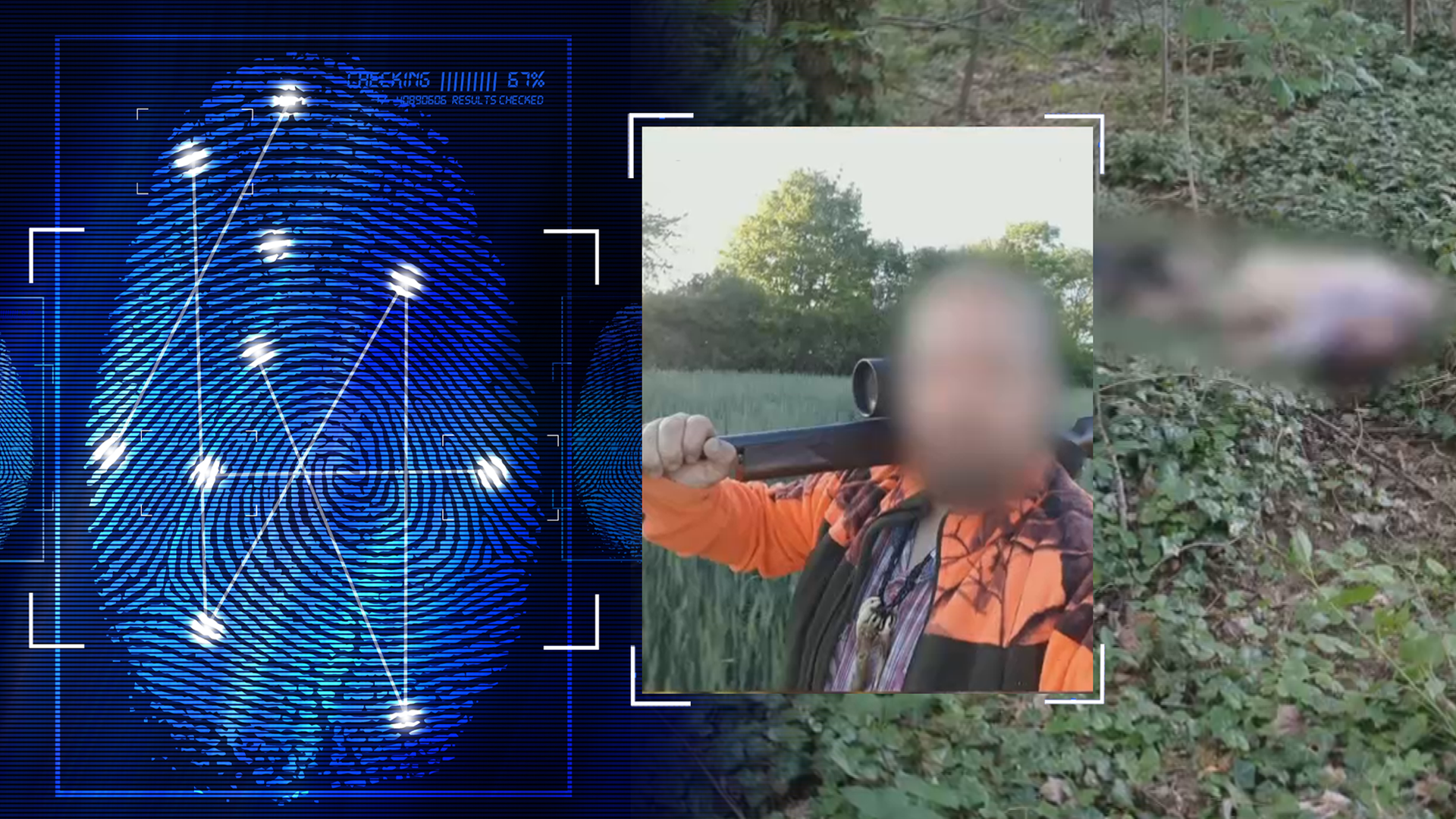 Eine Selbstaufnahme von Dominic F. Er steht im Feld und trägt ein Gewehr auf der Schulter. Sein Gesicht wurde technisch verfremdet. Links daneben: lichtschematische Darstellung eines Fingerabdrucks.