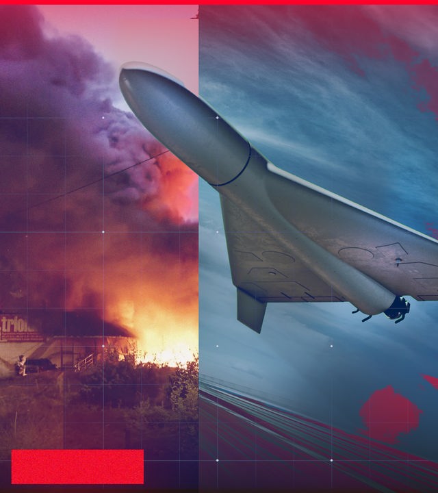 Bildmontage: Unbemannte Drohne (rechts); zerstörte Stadt in der Ukraine (links)