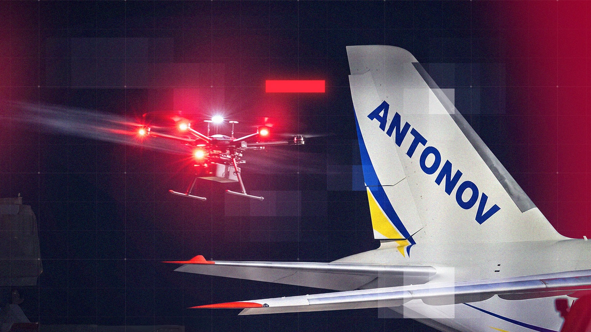 Bildmontage aus einer Drohne mit roten Positionslichtern bei Nacht und dem Heck eines ukrainischen Fachtflugzeugs mit der Aufschrift „ANTONOV“.Über die Bildmontage sind halbtransparente rote Grafikelemente sowie ein feines grafisches Raster-Overlay gelegt, wodurch ein modernes, redaktionelles Erscheinungsbild entsteht.