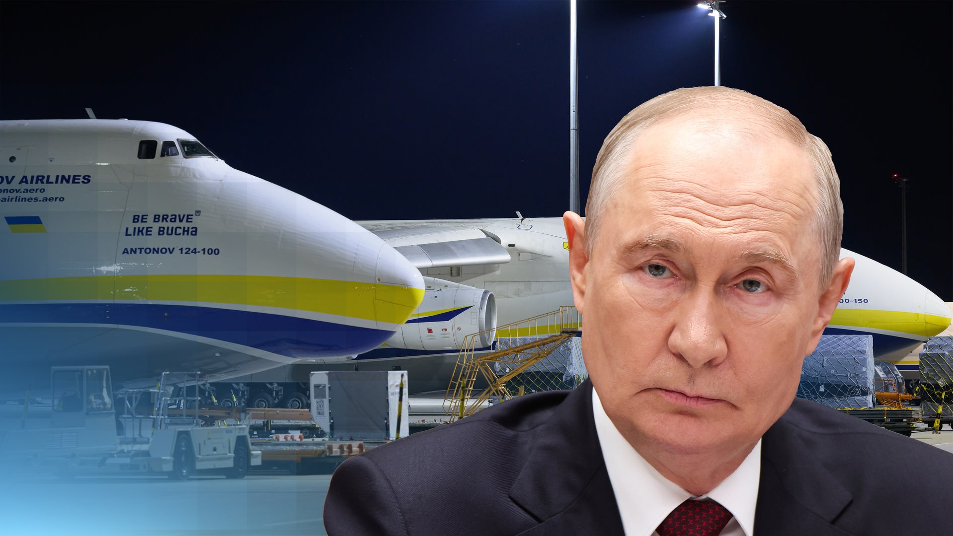 Antonov-Flugzeuge auf der linken Seite, rechts ein Cut-Out von Wladimir Putin