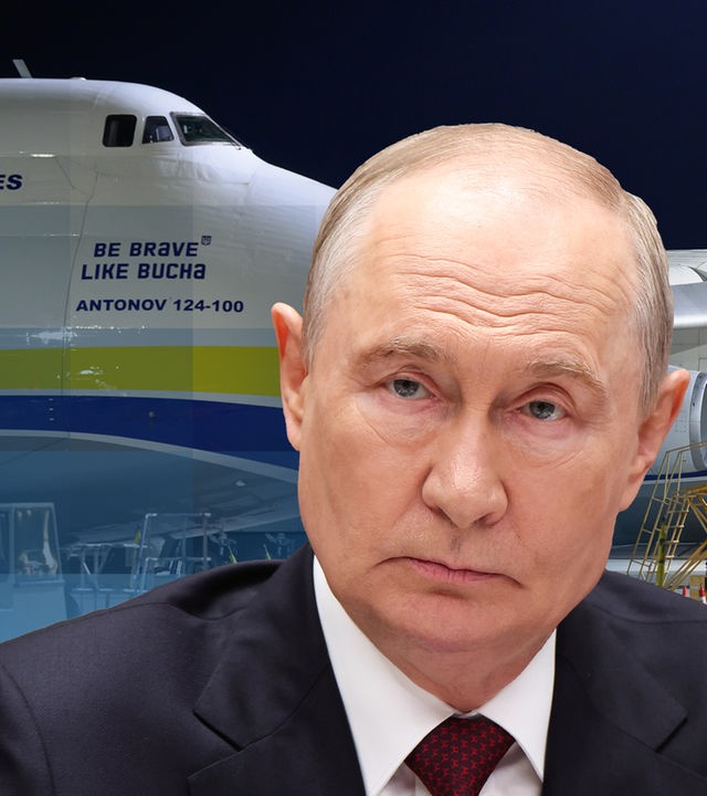 Antonov-Flugzeuge auf der linken Seite, rechts ein Cut-Out von Wladimir Putin