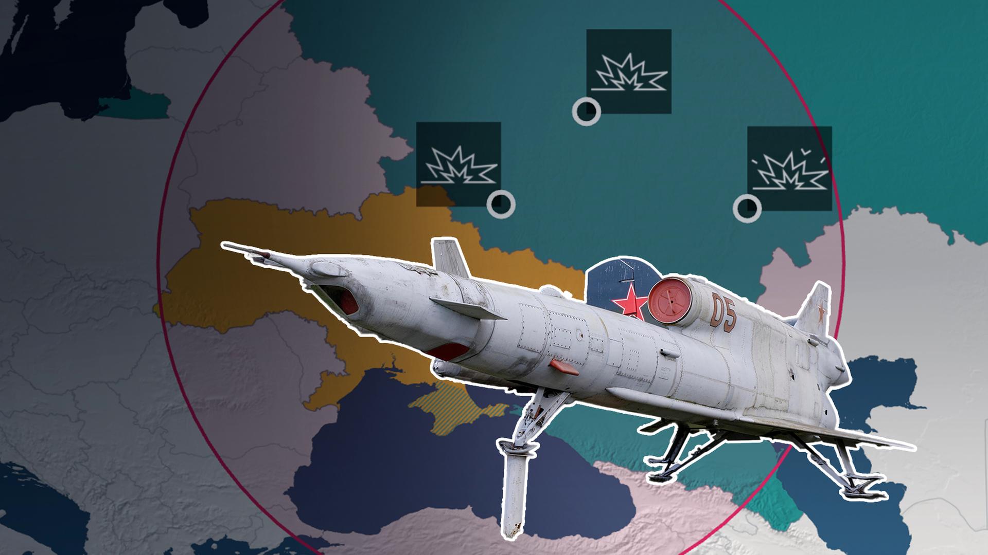 Karte von Russland und der Ukraine mit umliegenden Ländern. Angegriffene Militärstützpunkte hervorgehoben. Roter Kreis um das Gebiet. Drohne im Vordergrund.