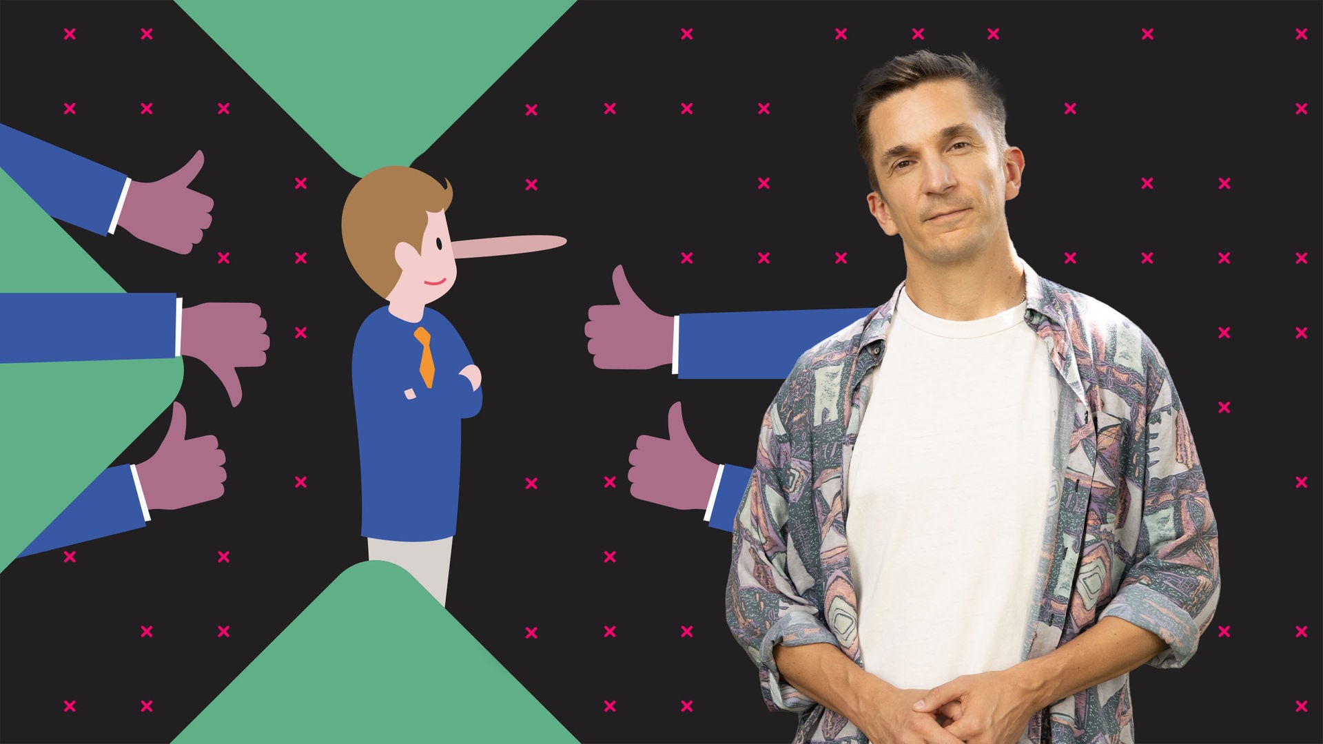 Eric Mayer steht im Vordergrund. Neben ihm ist eine Grafik zu sehen, die einen jungen Mann mit einer langen, Pinocchio-artigen Nase zeigt. Um ihn herum sind fünf Hände dargestellt, die jeweils den Daumen nach oben oder unten halten.