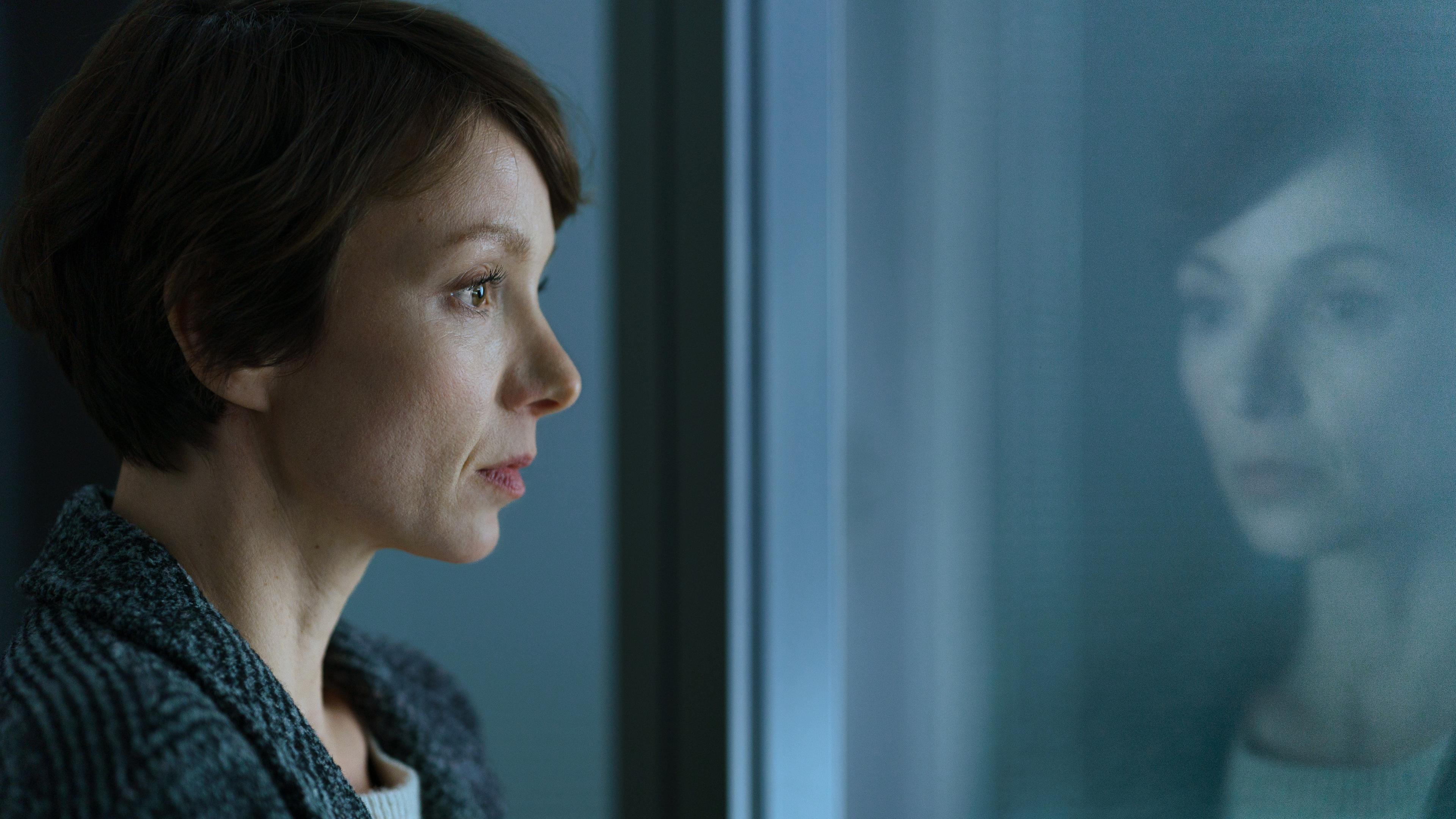 Karla Eckhardt (Julia Koschitz) steht vor einer Glasscheibe, in deren Reflexion sie sich spiegelt. Sie ist im Profil bis zu den Schultern zu sehen und trägt einen dunklen Mantel.