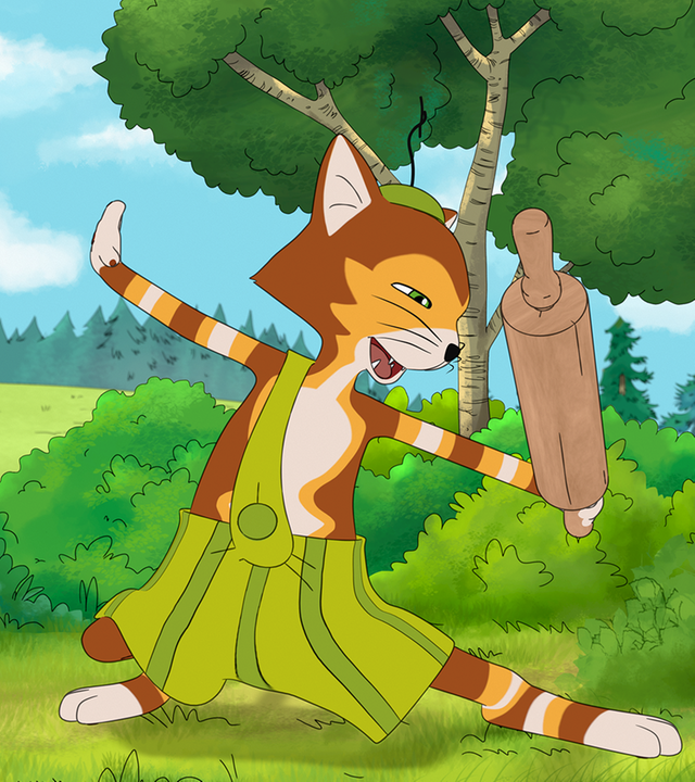 Findus übt mit dem Nudelholz Kampftechniken, um auf die gepflückten Kirschen achtzugeben.