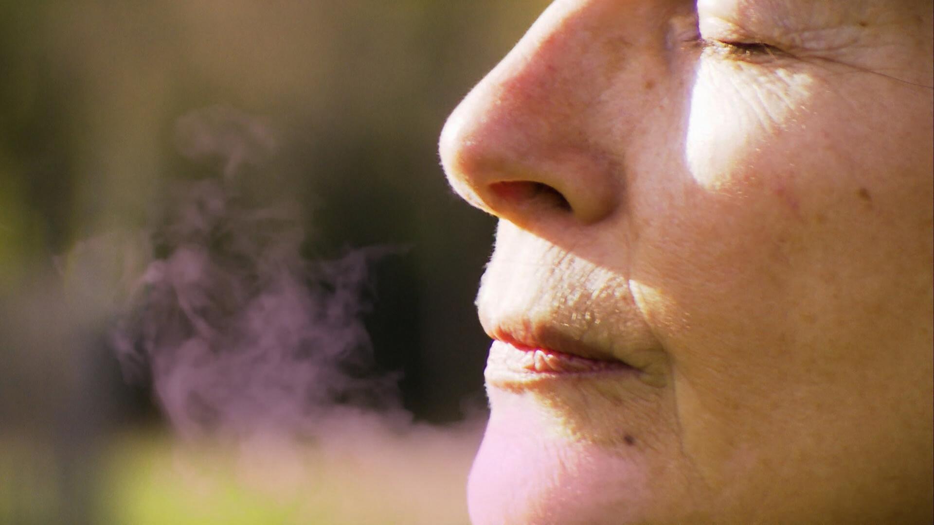 Das Bild zeigt das Gesicht einer Frau in Nahaufnahme. Sie hat geschlossene Augen und atmet sichtbar aus, wobei ein leichter Dampf oder eine Wolke aus ihrem Mund austritt. Die Haut der Frau zeigt leichte Falten. Der Hintergrund ist unscharf und hat eine warme, natürliche Farbpalette mit verschiedenen Grüntönen und einem sanften Licht, das auf ihr Gesicht fällt. Die Atmosphäre wirkt ruhig und nachdenklich.   Dies steht im Kontext eines Films, der die Geschichte der Düfte in Wien thematisiert, einschließlich der Herstellung von Kosmetik und Parfums. Es geht um die Essenz von Wien und die Bedeutung von Düften in der Stadt.