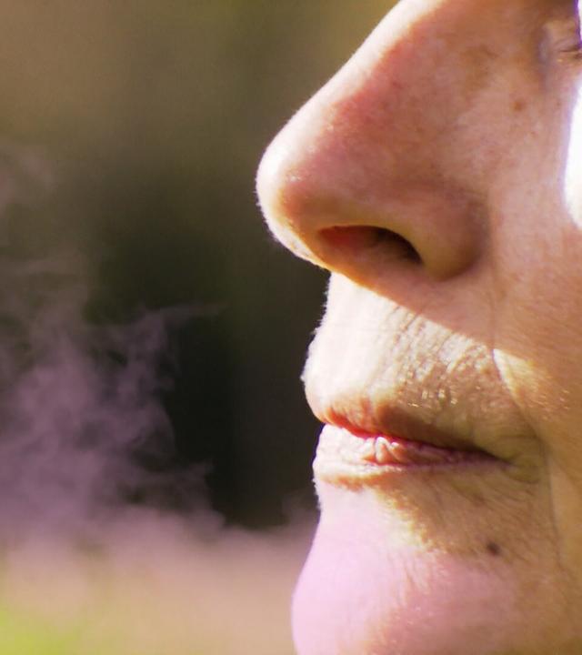 Das Bild zeigt das Gesicht einer Frau in Nahaufnahme. Sie hat geschlossene Augen und atmet sichtbar aus, wobei ein leichter Dampf oder eine Wolke aus ihrem Mund austritt. Die Haut der Frau zeigt leichte Falten. Der Hintergrund ist unscharf und hat eine warme, natürliche Farbpalette mit verschiedenen Grüntönen und einem sanften Licht, das auf ihr Gesicht fällt. Die Atmosphäre wirkt ruhig und nachdenklich.   Dies steht im Kontext eines Films, der die Geschichte der Düfte in Wien thematisiert, einschließlich der Herstellung von Kosmetik und Parfums. Es geht um die Essenz von Wien und die Bedeutung von Düften in der Stadt.