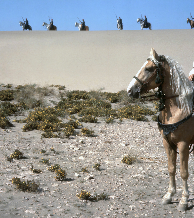 Kara Ben Nemsi (Lex Barker) sitzt auf einem Pferd und schaut in die Ferne. Hinter ihm auf einer Sanddüne sieht man mehrere bewaffnete Krieger, ebenfalls auf Pferden.