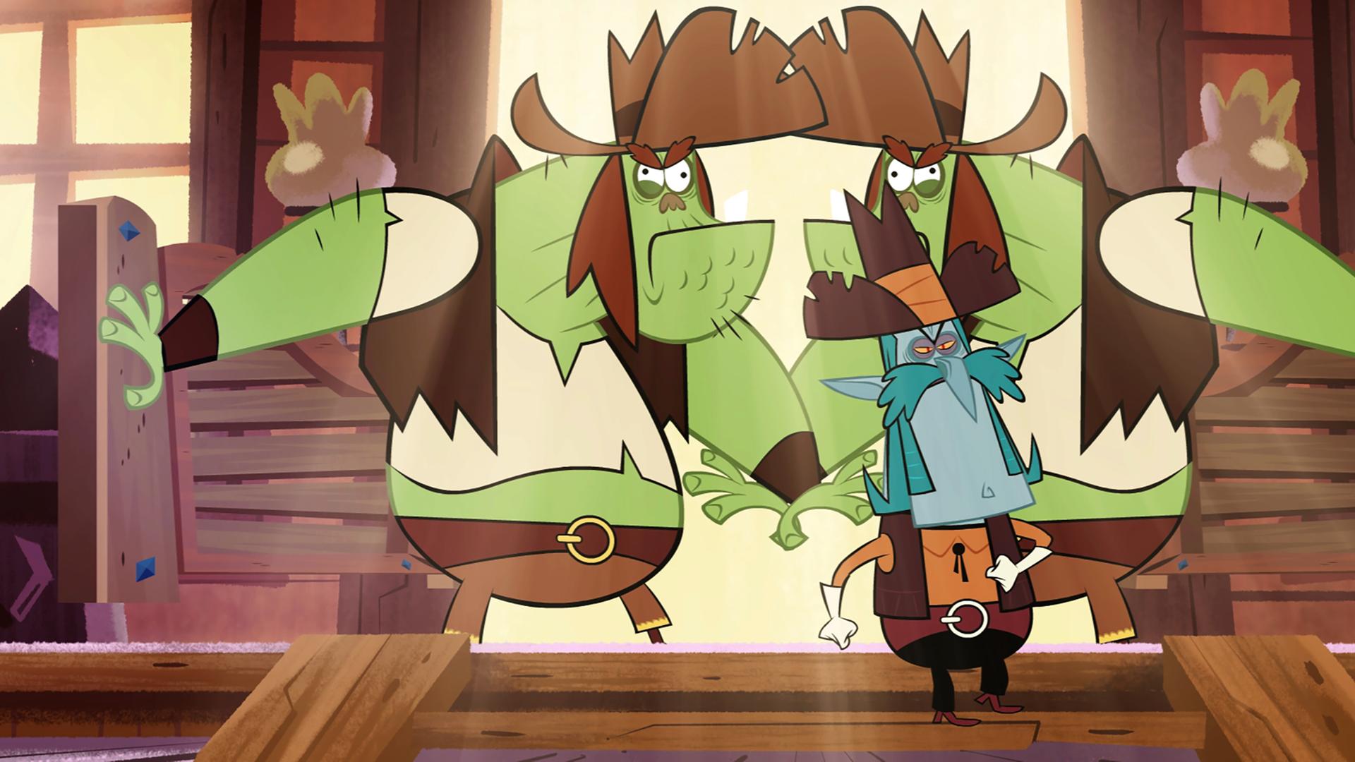 Vipkrad betritt im Westernoutfit den Saloon. Darin schenken Marcus, Ephi und Ratrick Erdbeermilch an die durstigen Desperados aus. Seine beiden Freunde halten ihm zu beiden Seite die Klapptür auf.