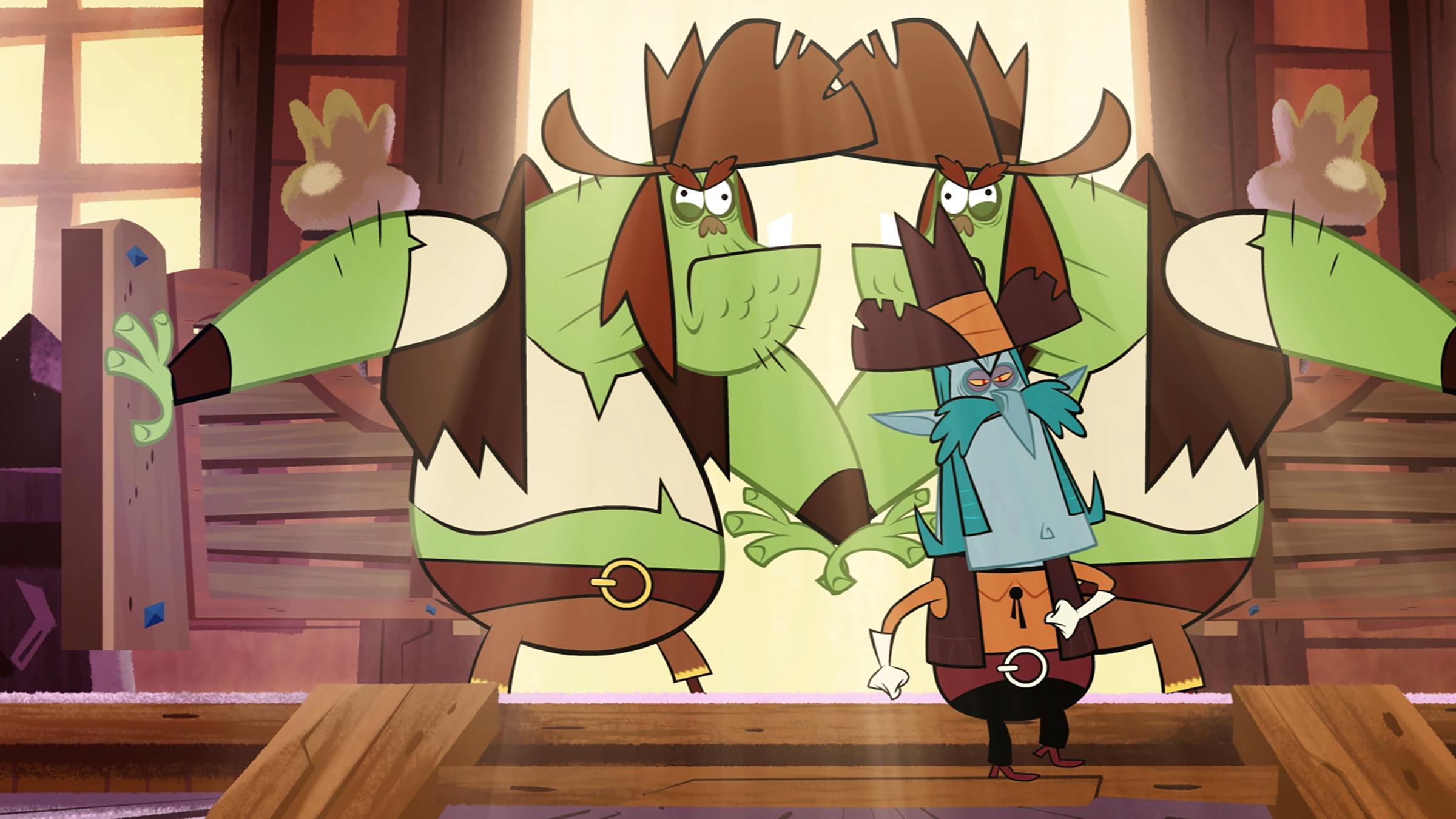 Vipkrad (m.) betritt im Westernoutfit den Saloon, in dem Marcus, Ephi und Ratrick Erdbeermilch an die durstigen Desperados ausschenken. Seine beiden Freunde (l. u. r.) halten ihm zu beiden Seite die Klapptür auf, sodass er entspannt die Treppe zu Marcus heruntersteigen kann.