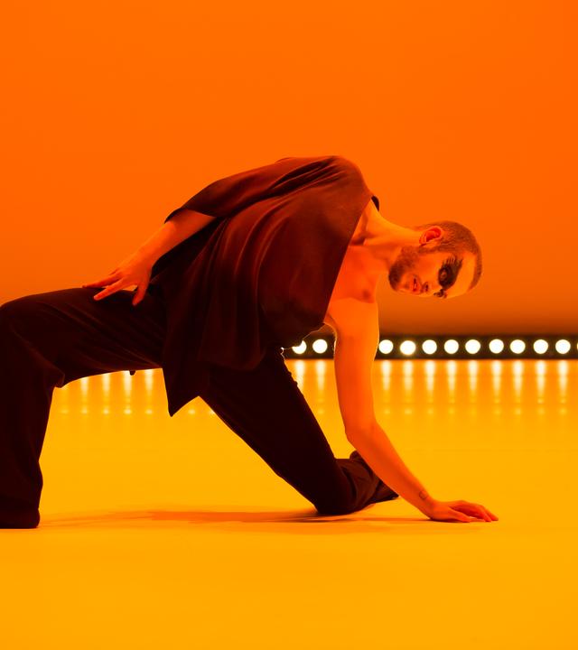 Tänzer Mark Sampson in unterschiedlichen Positionen der Choreografie. Schwarz gekleidet und mit schwarz geschminkten Augen stellt er einen schwarzen Schwan dar