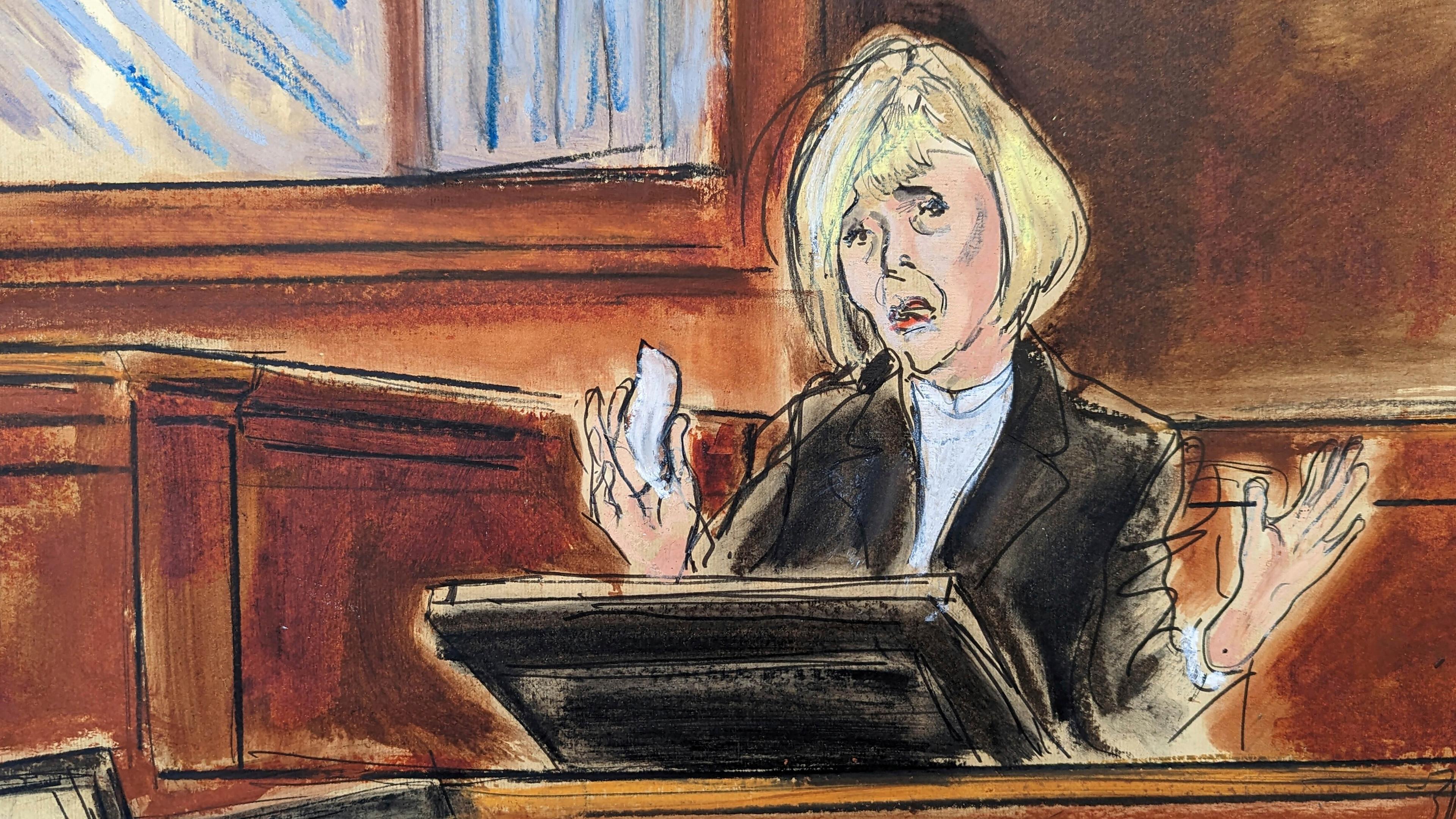Auf dieser Zeichnung aus dem Gerichtssaal weint E. Jean Carroll während ihrer Aussage vor einem Bundesgericht in New York, aufgenommen am 26.04.2023