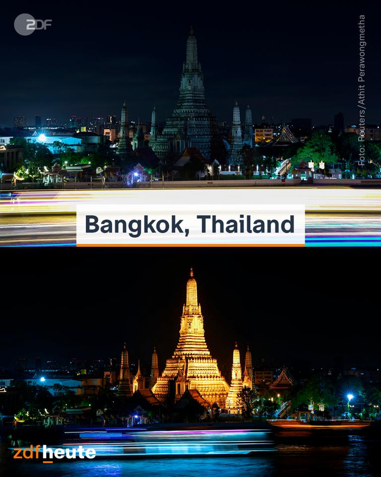 Tempel der Morgenröte in Bangkok - einmal beleuchtet und einmal nicht beleuchtet.
