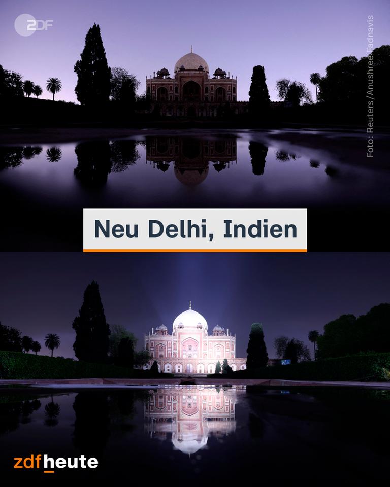 Das Humayun-Mausoleum in Neu-Delhi - einmal beleuchtet und einmal nicht beleuchtet.