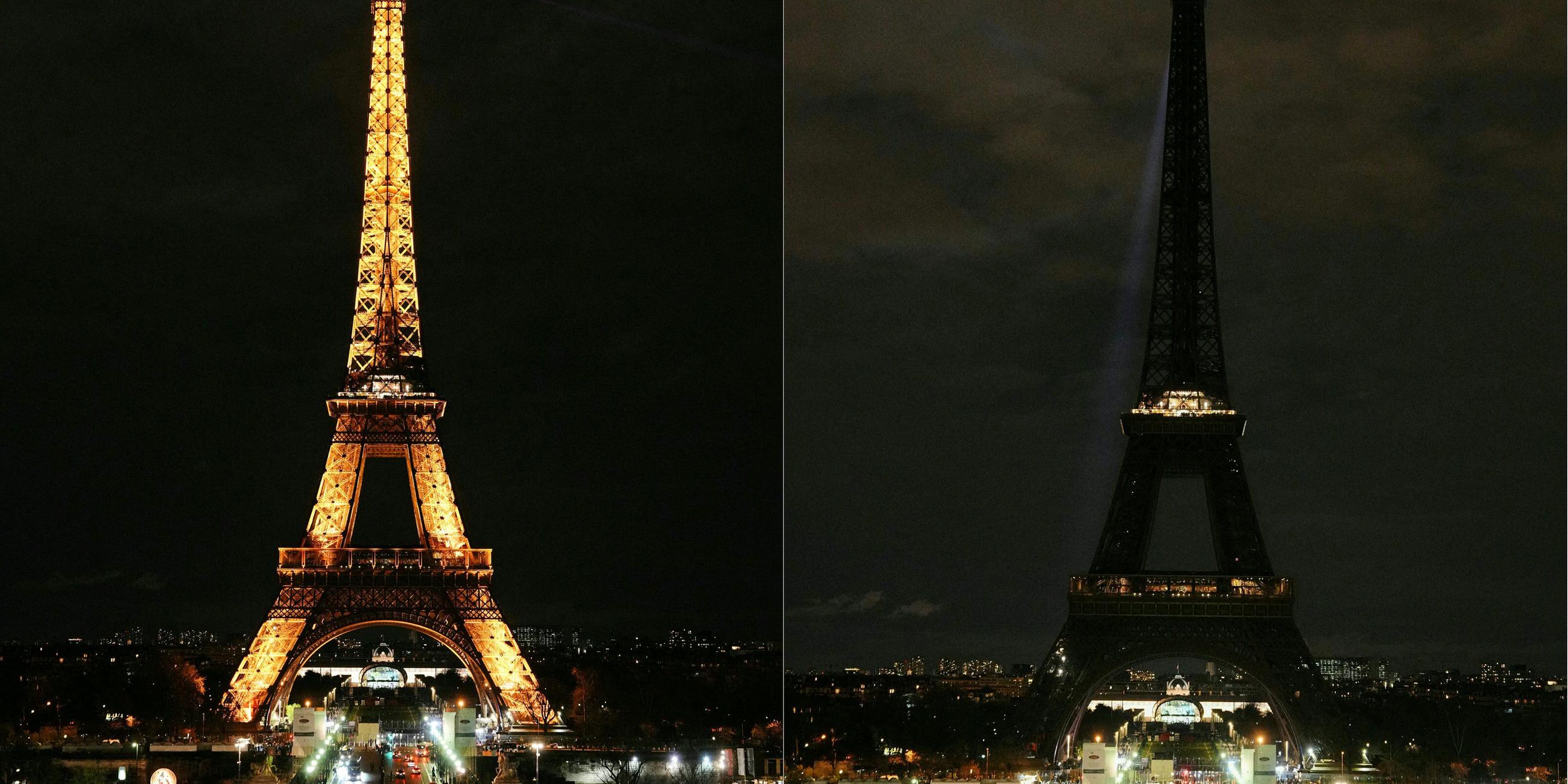 Der Eiffelturm in Paris vor und während der "Earth Hour".