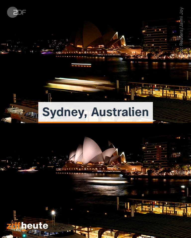 Das Sydney Opera House - einmal beleuchtet und einmal nicht beleuchtet.