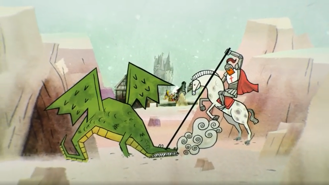 Ein Ritter kämpft gegen einen Drachen.