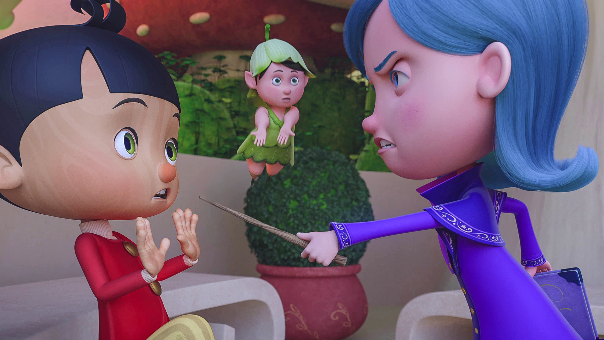 Betulla richtet wütend ihren Zauberstab gegen Pinocchio, der erschrocken die Hände hochhebt. Farfalla versucht zu vermitteln.