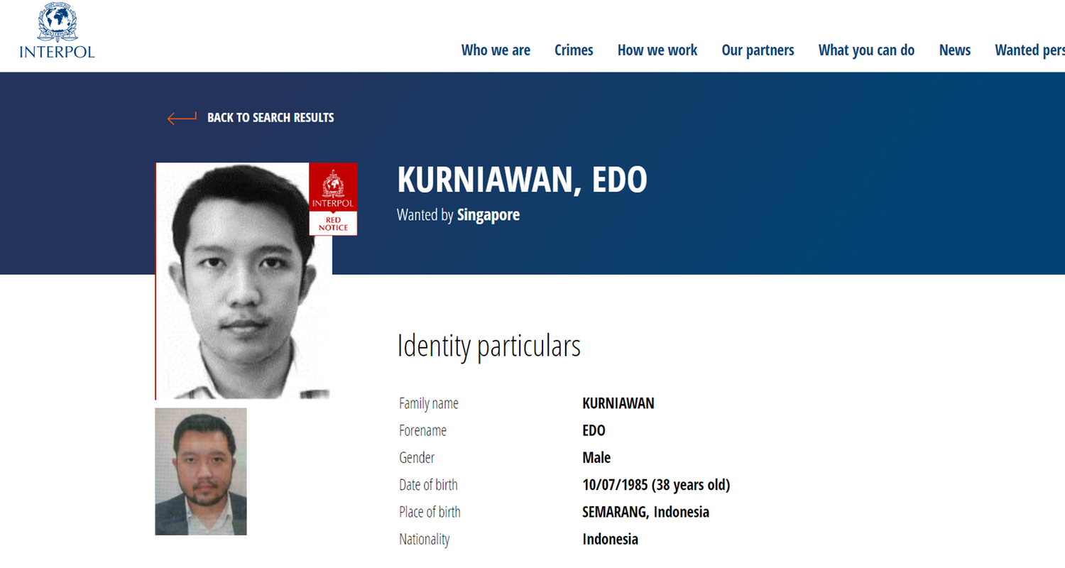  Ein Red Notice Alert für Edo Kurniawan von Interpol.