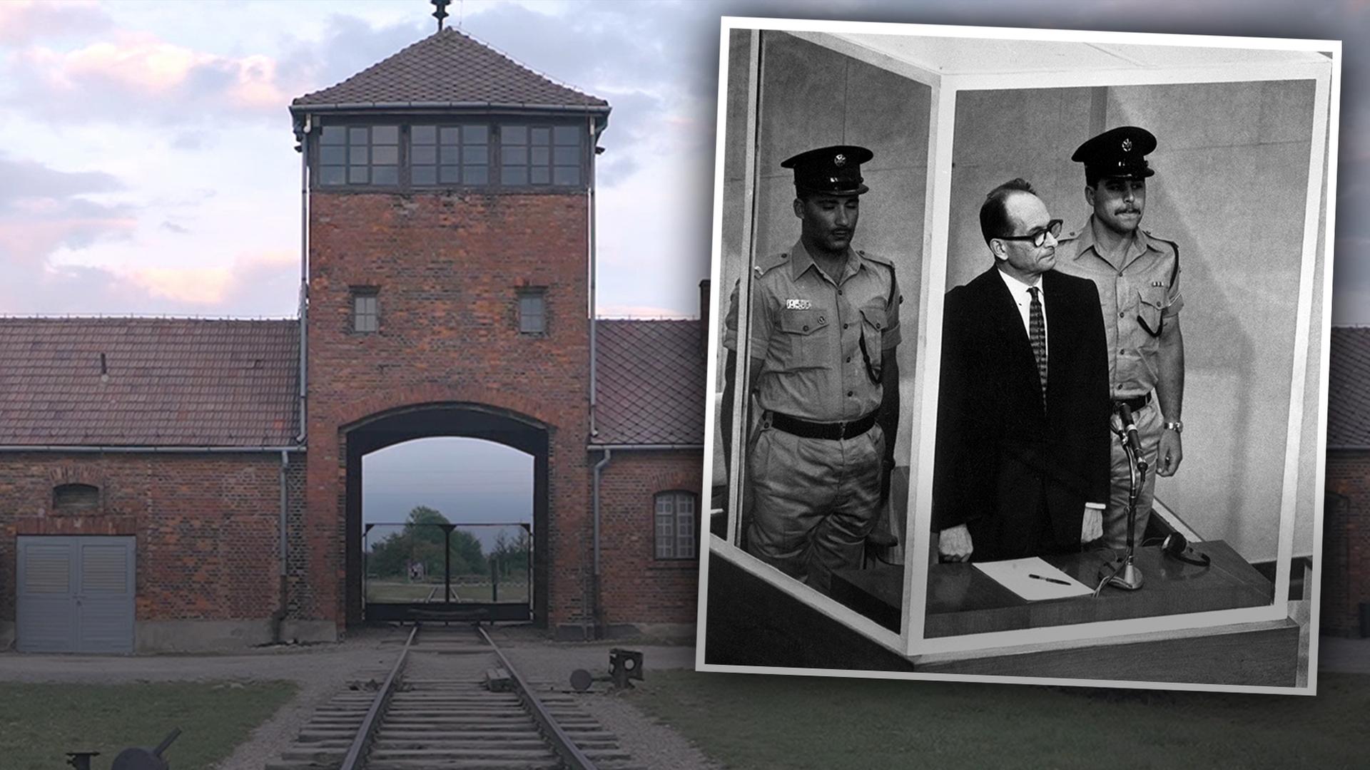 Adolf Eichmann vor Gericht mit KZ-Lager im Hintergrund (Collage)