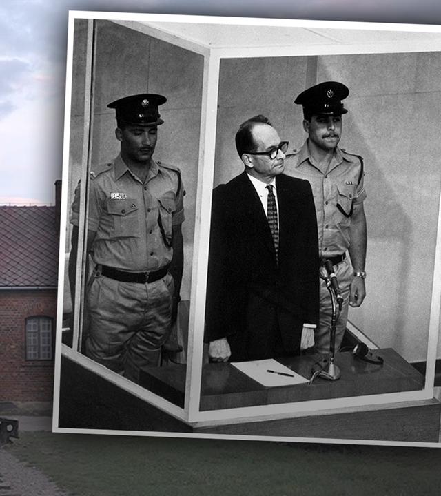 Adolf Eichmann vor Gericht mit KZ-Lager im Hintergrund (Collage)