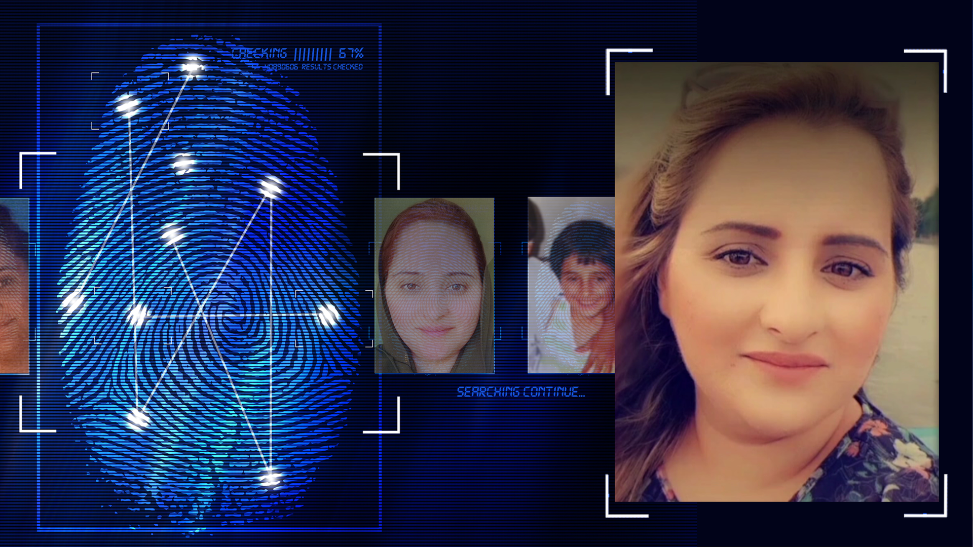 Portraitfoto einer jungen Frau. Das Bild wurde mit einem Filter bearbeitet. Die Frau ist ca. 20 Jahre alte und schaut leicht lächelnd in die Kamera. Im Anschnitt ist ein dunkles Oberteil mit Blumenmuster zu erkennen, im Hintergrund des Bildes: Ein Gewässer. Links daneben: Lichtschematische Darstellung eines Fingerabdrucks.