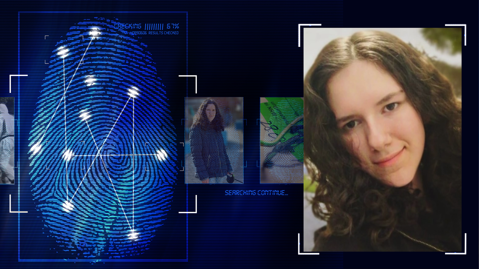 Ein 17jähriges Mädchen schaut lächelnd Richtung Kamera. Sie hat ca. 25 cm langes, dunkles, leicht gelocktes Haar. Sie trägt ein schwarzes Oberteil. Links daneben: Lichtschematische Darstellung eines Fingerabdrucks.