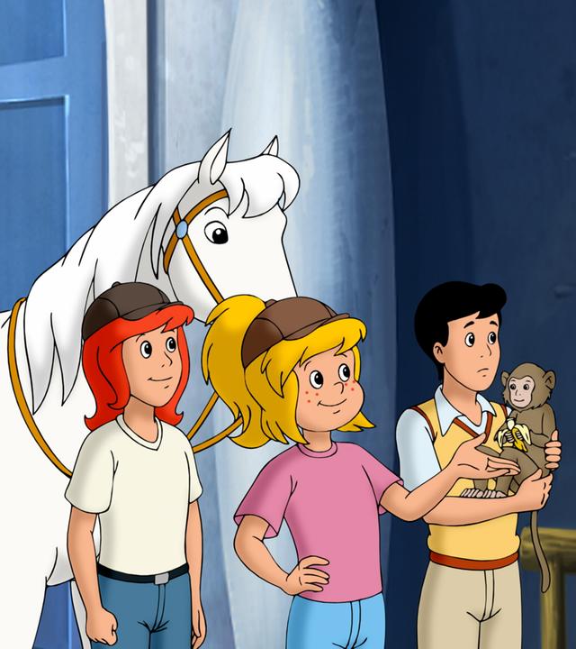 Die Freunde beraten mit Graf Falkenstein, was mit dem Äffchen geschehen soll.