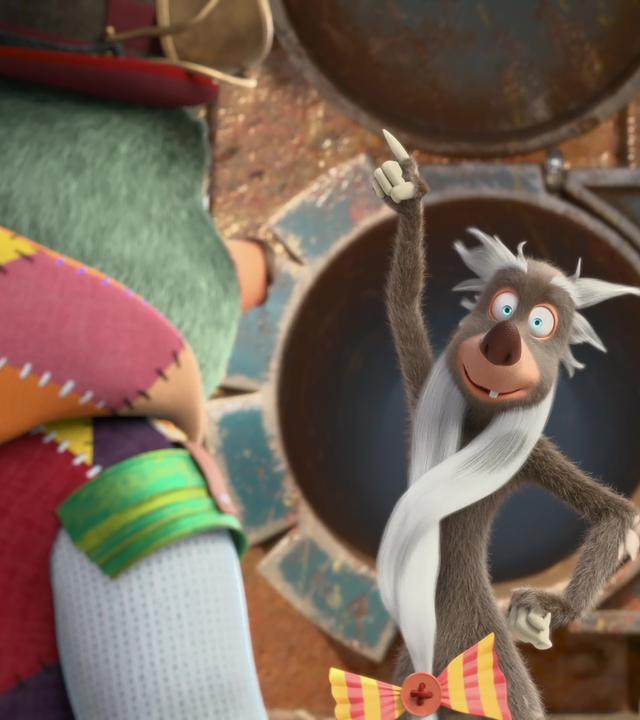 Moley und Dotty stehen dem alten Kauz gegenüber, der ihnen wild gestikulierend etwas erklärt.