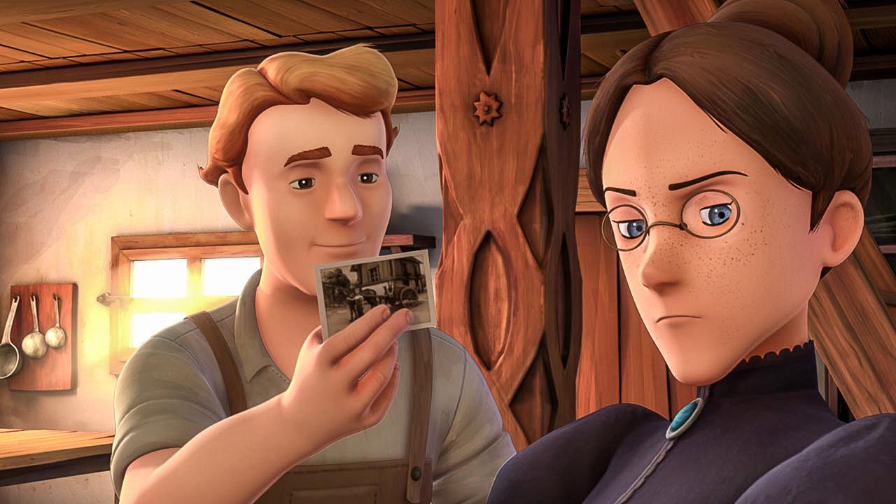 Friedrich, der Jugendfreund von Fräulein Rottenmeier, zeigt ein altes Bild. Fräulein Rottenmeier ist dies unangenehm.