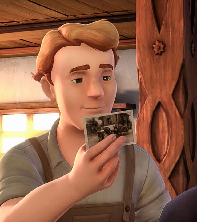 Friedrich, der Jugendfreund von Fräulein Rottenmeier, zeigt ein altes Bild. Fräulein Rottenmeier ist dies unangenehm.