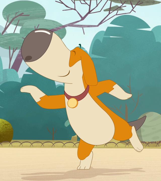 Rebecca ist begeistert über den tanzenden Superhund Missile. Sie befinden sich im Park.
