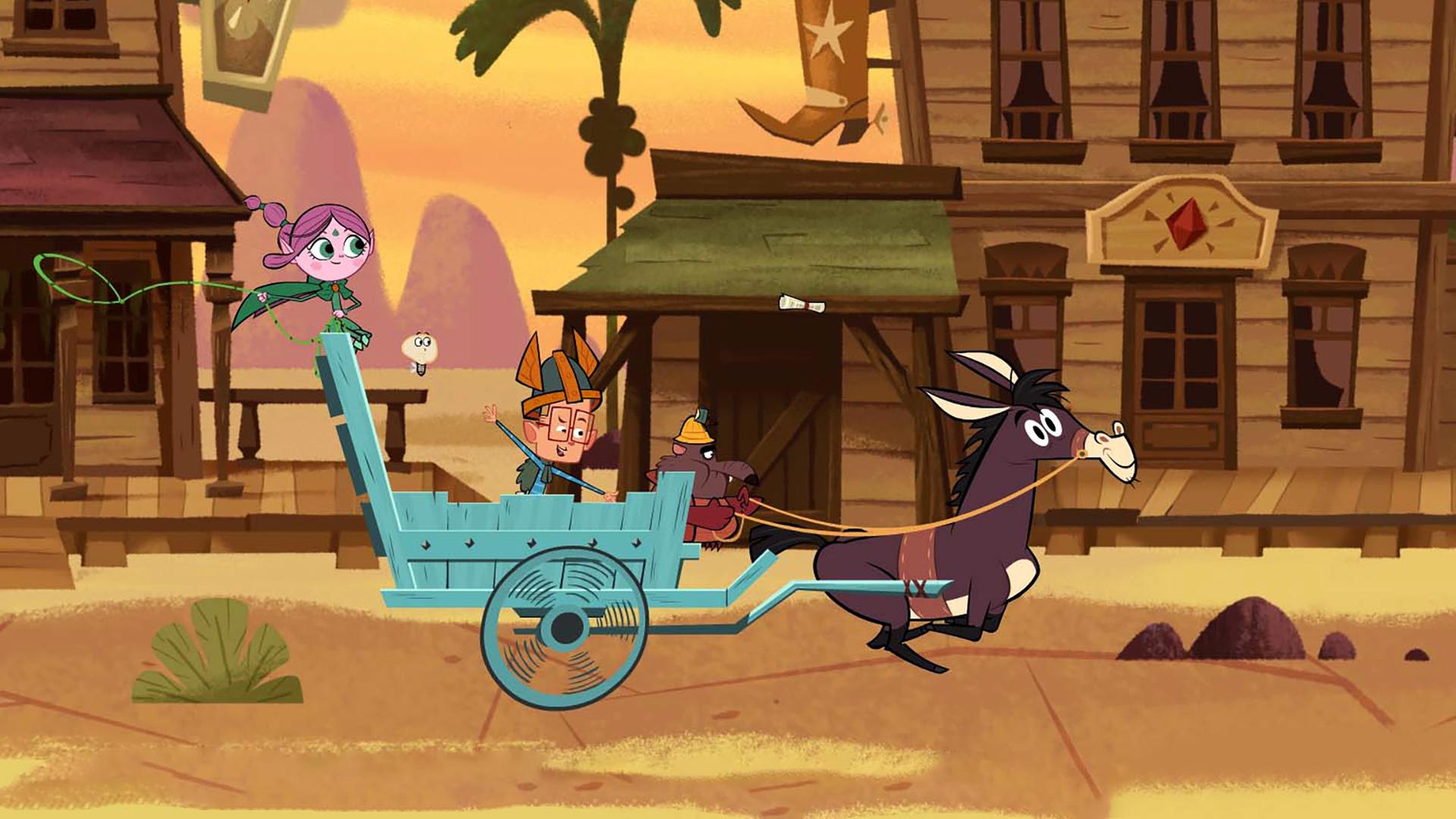 Ephi, Marcus und Ratrick fahren im Wilden Westen auf dem Muli-Express durch die Stadt Smalltown. Ratrick hält als Kutscher die Zügel in der Hand, Marcus verteilt beim Fahren das Smalltown-Blatt und Ephi sammelt mit ihrem Lasso fleißig Möhrenbonus, damit das Muli schneller läuft und sie doch noch gegen Vipkrads Turbo-Post gewinnen können.