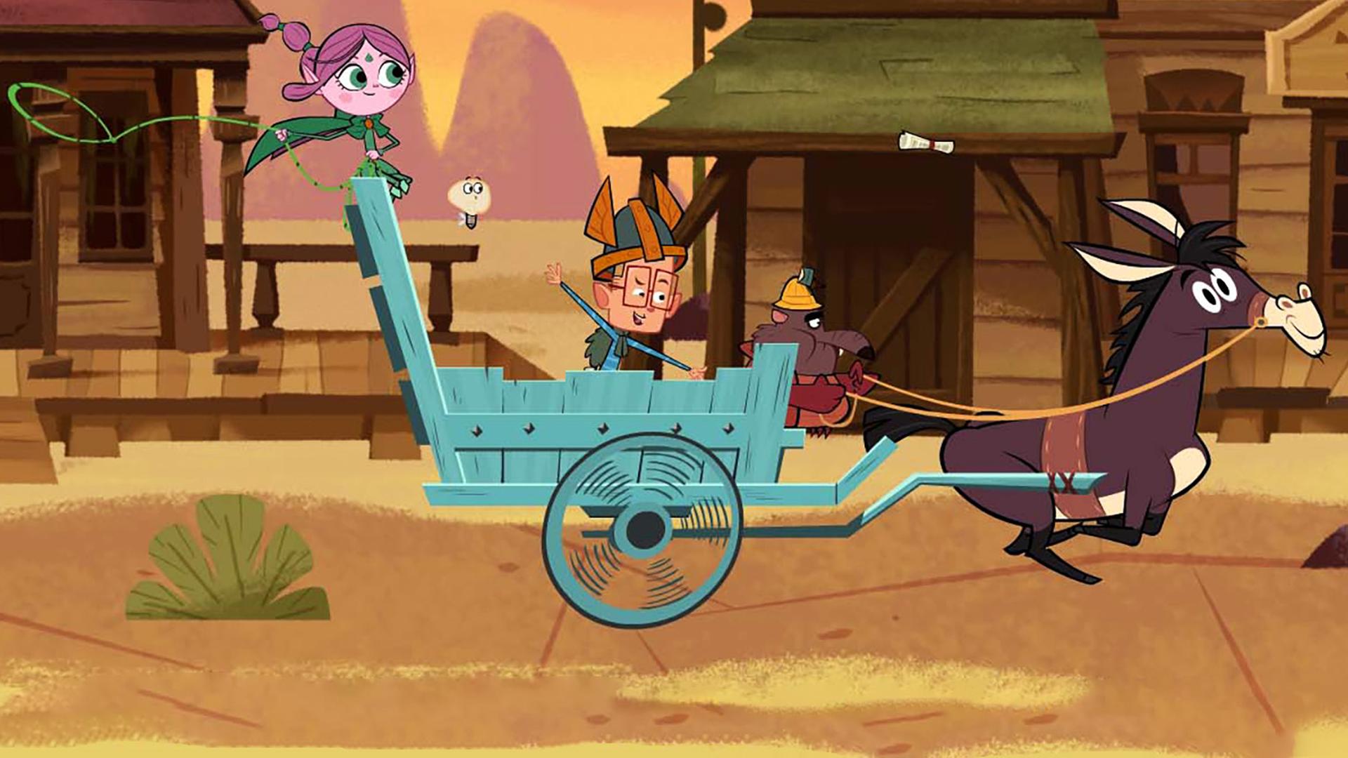 Ephi, Marcus und Ratrick fahren im Wilden Westen auf dem Muli-Express durch die Stadt Smalltown. Ratrick hält als Kutscher die Zügel in der Hand, Marcus verteilt beim Fahren das Smalltown-Blatt und Ephi sammelt mit ihrem Lasso fleißig Möhrenbonus, damit das Muli schneller läuft und sie doch noch gegen Vipkrads Turbo-Post gewinnen können.