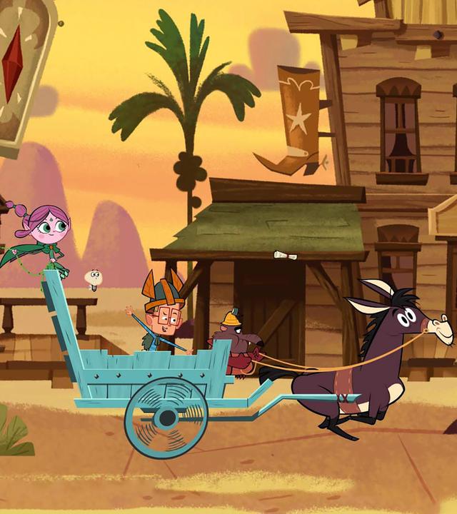 Ephi, Marcus und Ratrick fahren im Wilden Westen auf dem Muli-Express durch die Stadt Smalltown. Ratrick hält als Kutscher die Zügel in der Hand, Marcus verteilt beim Fahren das Smalltown-Blatt und Ephi sammelt mit ihrem Lasso fleißig Möhrenbonus, damit das Muli schneller läuft und sie doch noch gegen Vipkrads Turbo-Post gewinnen können.