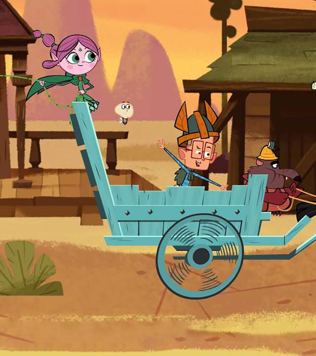 Ephi, Marcus und Ratrick fahren im Wilden Westen auf dem Muli-Express durch die Stadt Smalltown. Ratrick hält als Kutscher die Zügel in der Hand, Marcus verteilt beim Fahren das Smalltown-Blatt und Ephi sammelt mit ihrem Lasso fleißig Möhrenbonus, damit das Muli schneller läuft und sie doch noch gegen Vipkrads Turbo-Post gewinnen können.