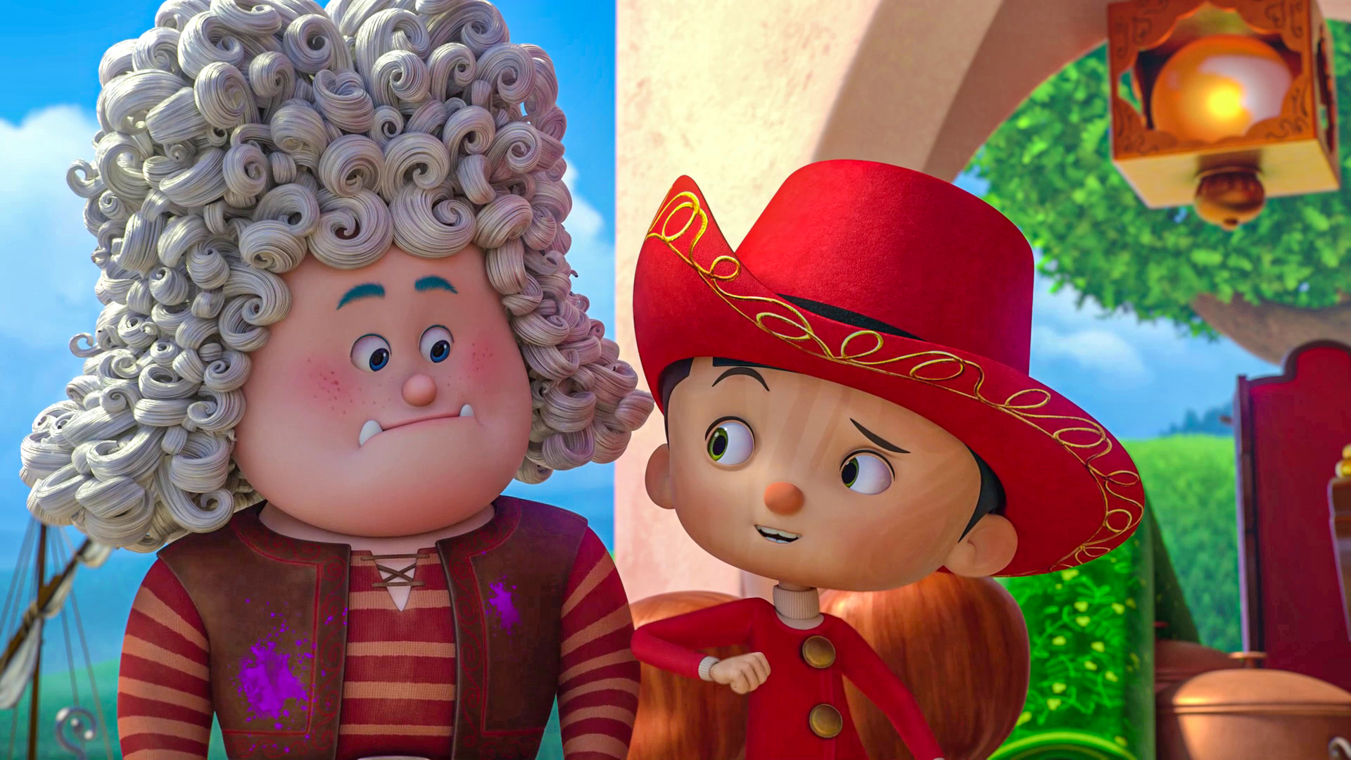 Luzio und Pinocchio schauen sich an. Sie sind als Adelige verkleidet.