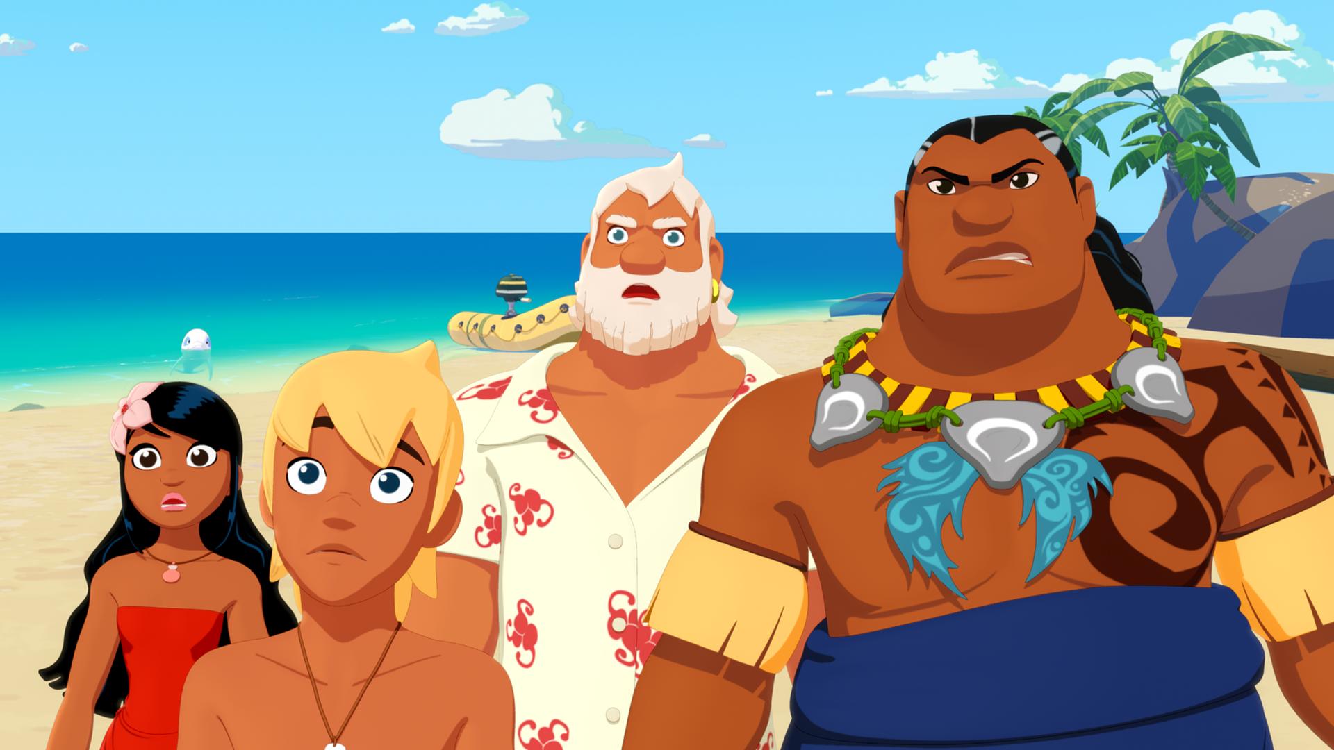 Timeti, Yann und Onkel Patrick sehen geschockt aus. Papa Tuanaku hingegen ist sauer.