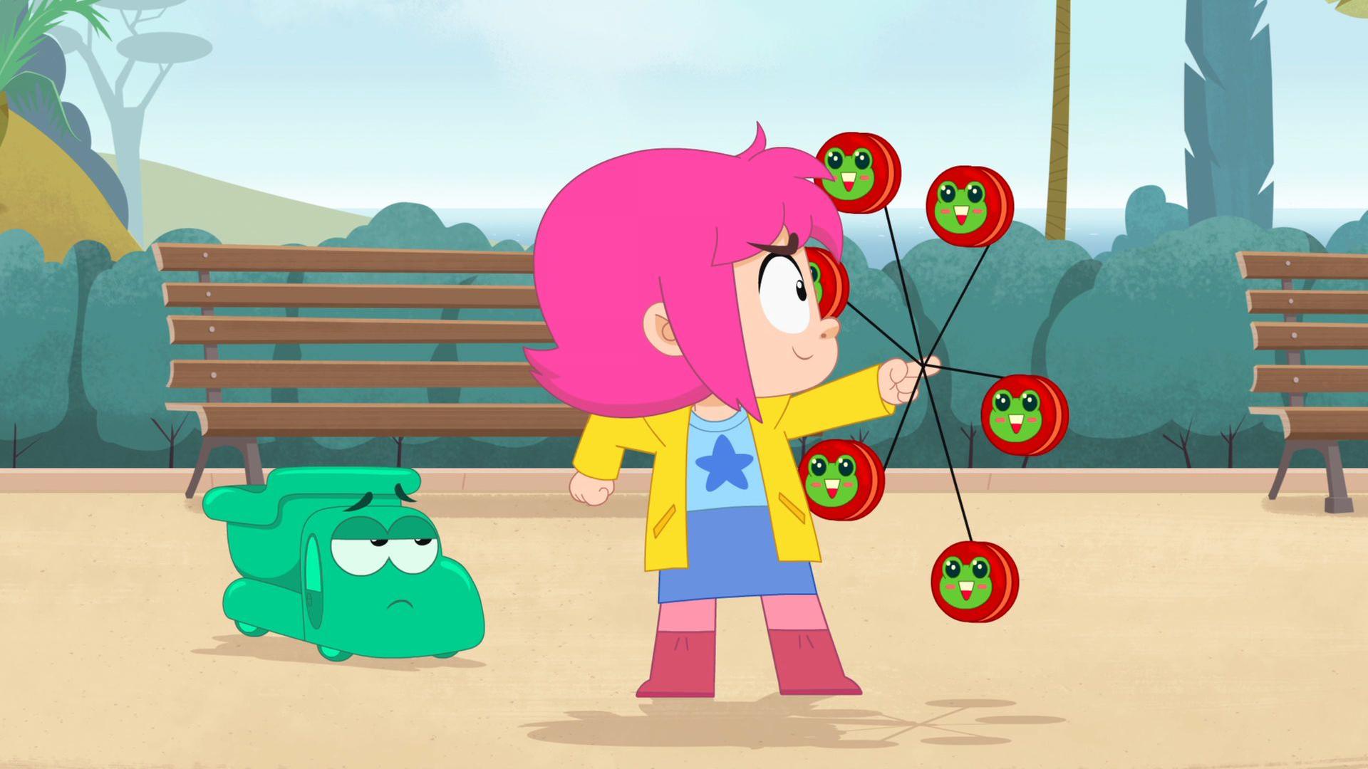 Rebecca lässt ein Jo-Jo um ihren Finger herumwirbeln. Ernest steht in der Form eines Spielzeuglasters mit gelangweilter Miene neben ihr.