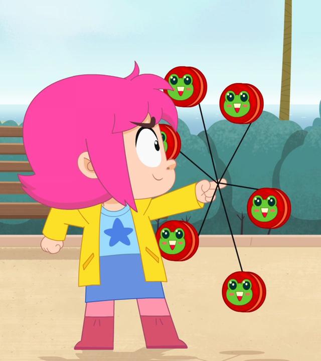 Rebecca lässt ein Jo-Jo um ihren Finger herumwirbeln. Ernest steht in der Form eines Spielzeuglasters mit gelangweilter Miene neben ihr.