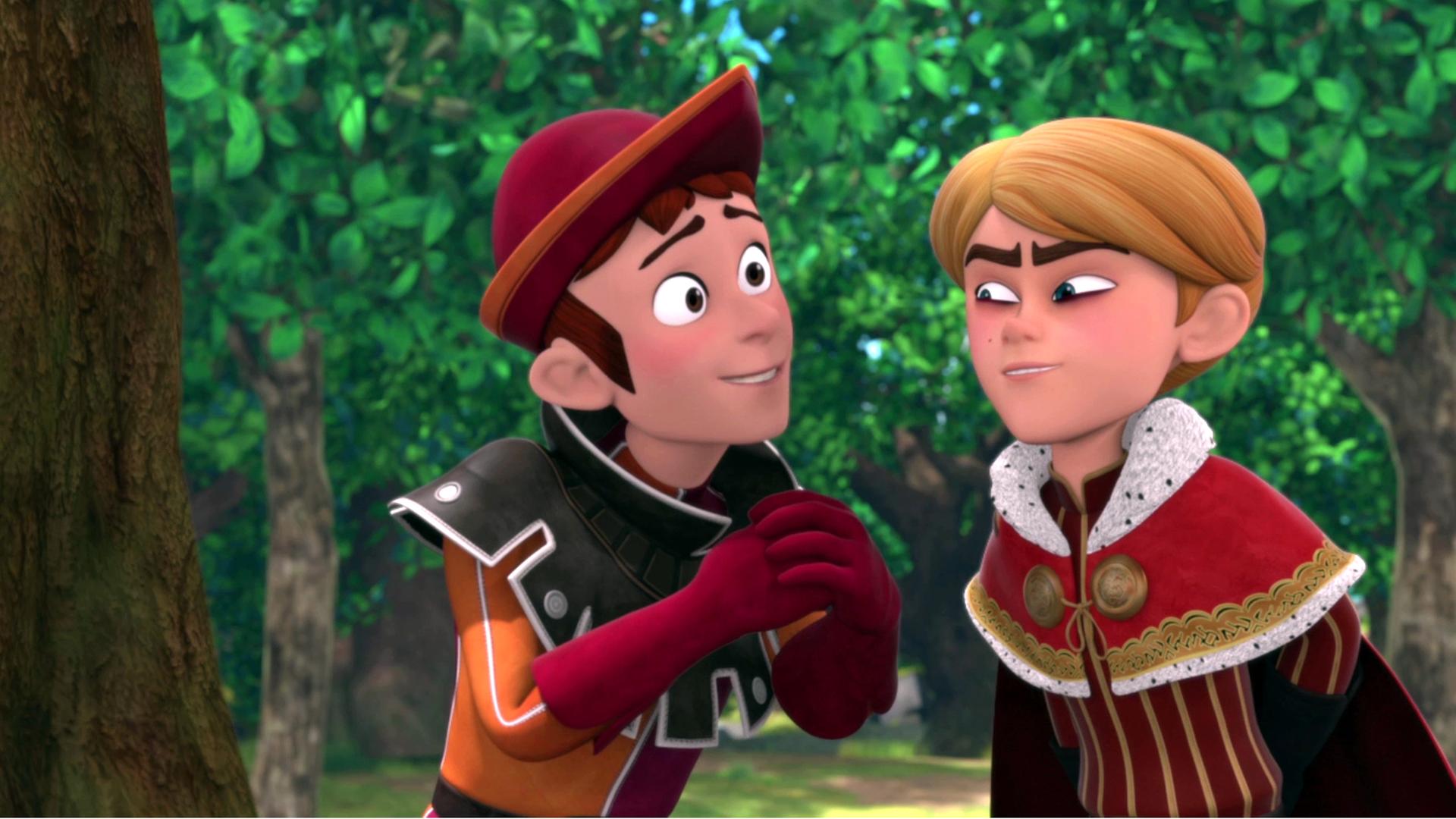 Troubadour George und Prinz John reden miteinander. John sieht listig aus, George fleht den Prinzen an.