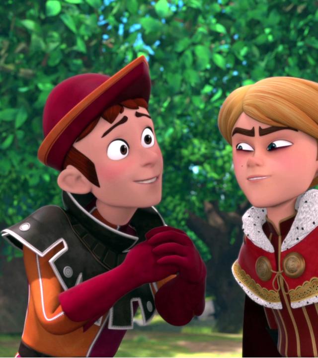 Troubadour George und Prinz John reden miteinander. John sieht listig aus, George fleht den Prinzen an.