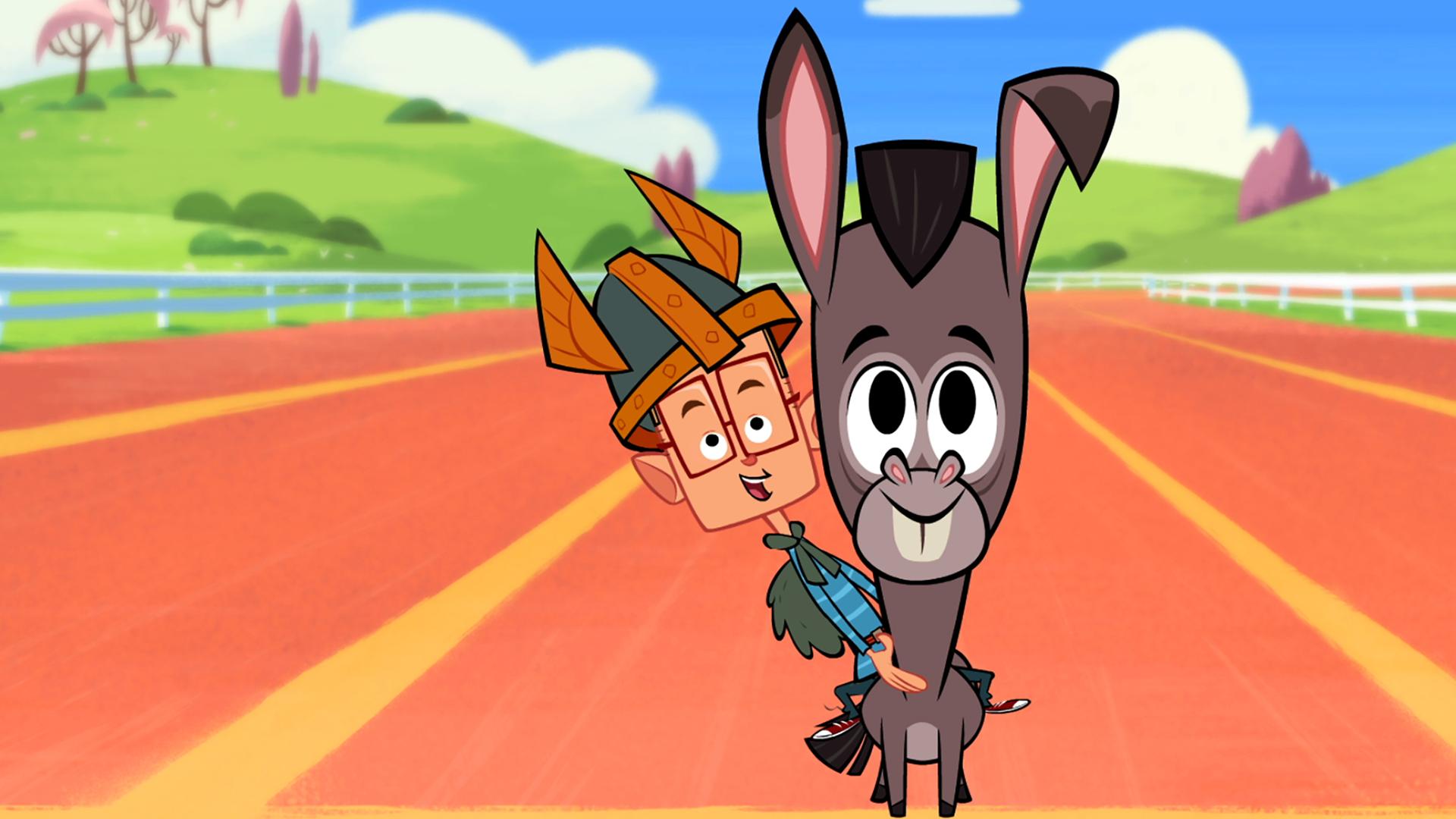 Marcus befindet sich auf einer Pferderennbahn und sitzt auf seinem Esel. Er wartet gespannt darauf, dass der Wettbewerb gegen Vipkrad losgehen kann.