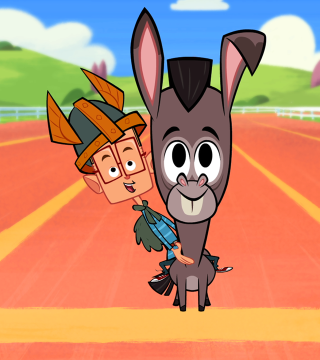 Marcus befindet sich auf einer Pferderennbahn und sitzt auf seinem Esel. Er wartet gespannt darauf, dass der Wettbewerb gegen Vipkrad losgehen kann.