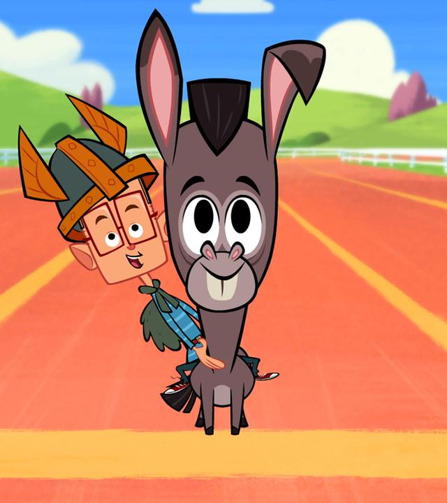 Marcus befindet sich auf einer Pferderennbahn und sitzt auf seinem Esel. Er wartet gespannt darauf, dass der Wettbewerb gegen Vipkrad losgehen kann.