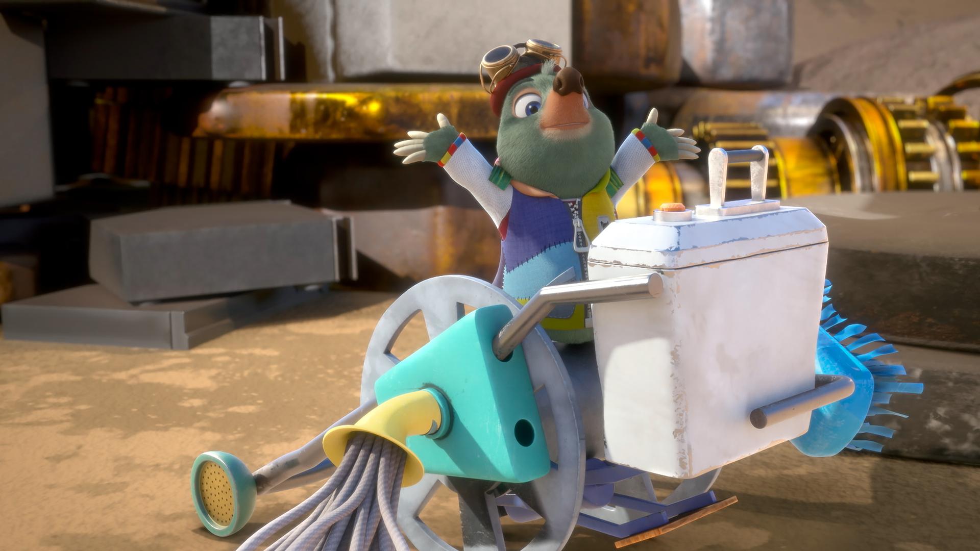 In Onkel Mischmaschs Labor steht Moley auf einem merkwürdig aussehenden, zweirädrigen Fahrzeug. Es ist offensichtlich aus allerlei Sperrmüll zusammengeschustert.