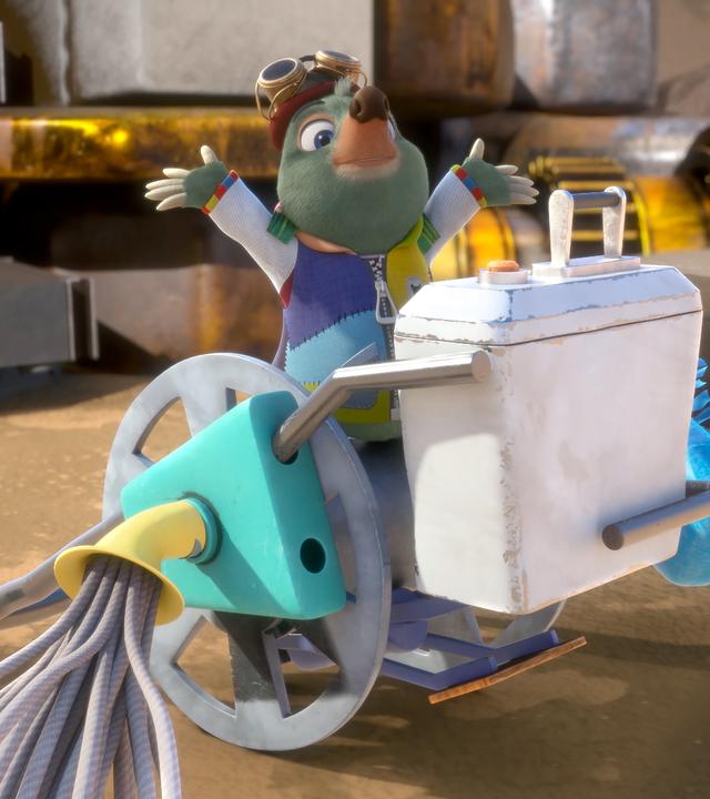 In Onkel Mischmaschs Labor steht Moley auf einem merkwürdig aussehenden, zweirädrigen Fahrzeug. Es ist offensichtlich aus allerlei Sperrmüll zusammengeschustert.